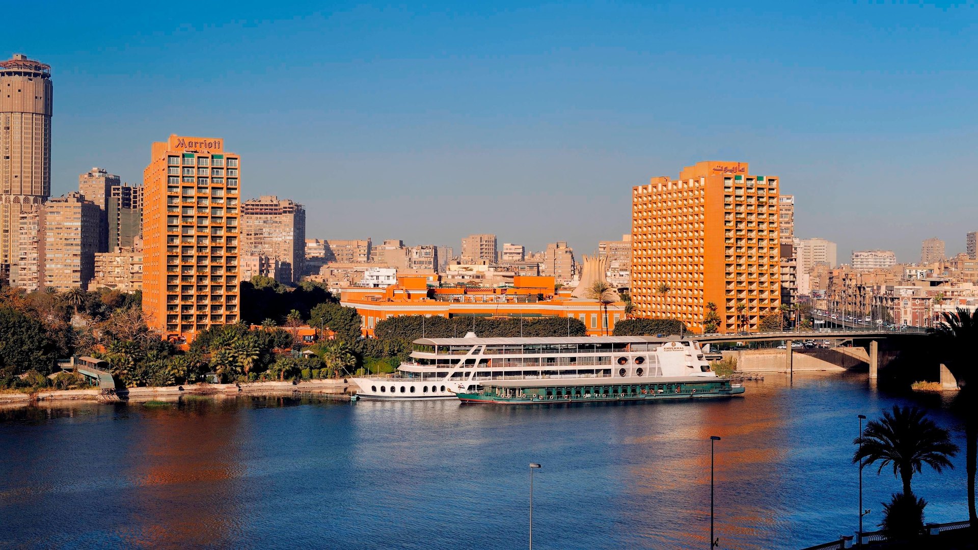 The Cairo Marriott’s towers and palace on Gezira, seen across the Nile