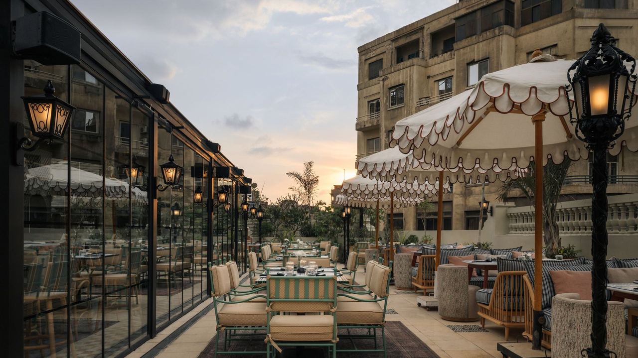 The rooftop terrace of Mazeej Balad at dusk